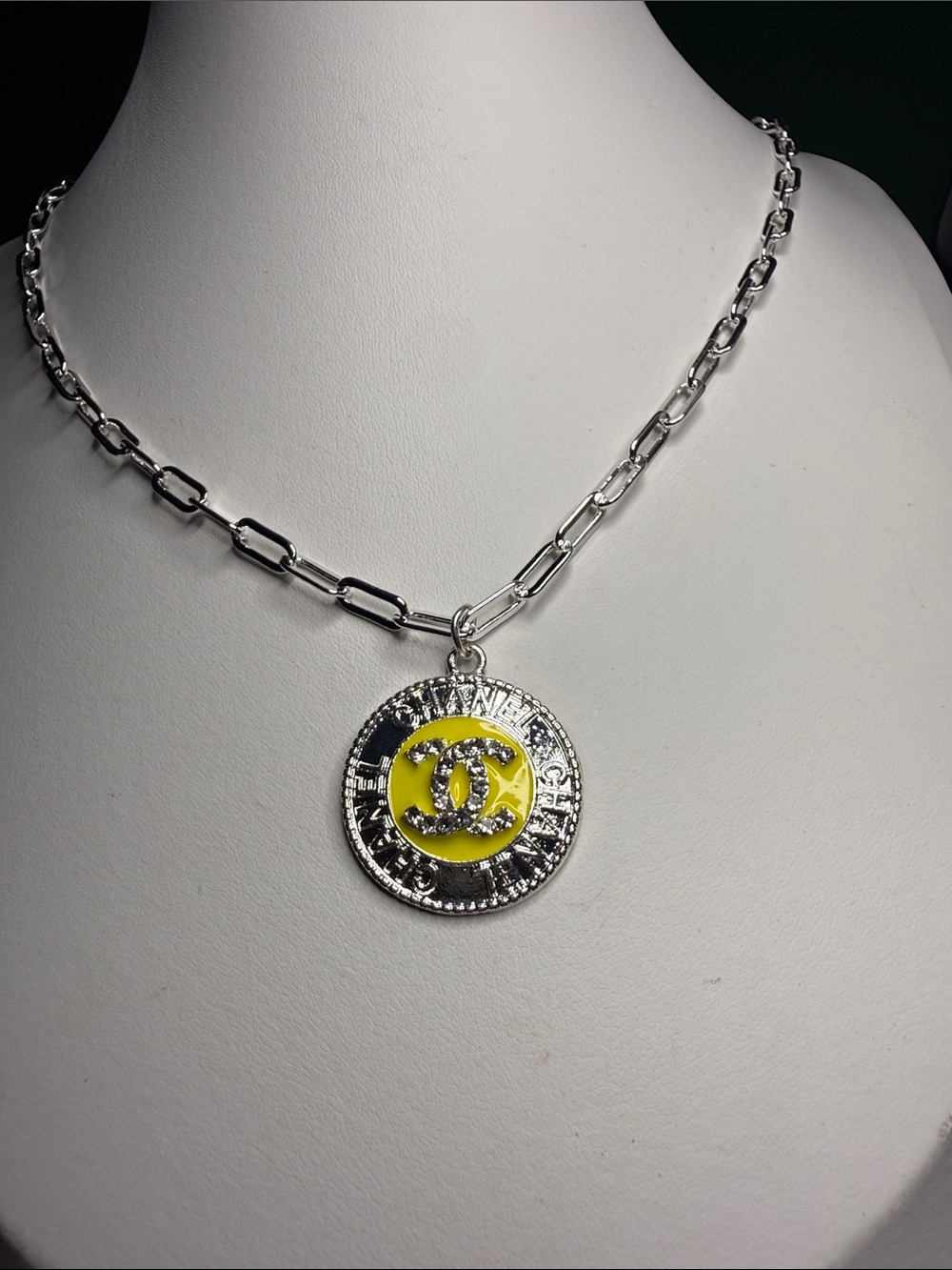 CHANEL Silver Chain Necklace with Yellow CC Medallion